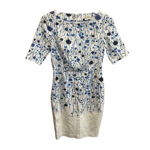 Boden‎ Womens Cream Blue Floral Fitted Knit Sheath Dress Lined Classic Size 4R